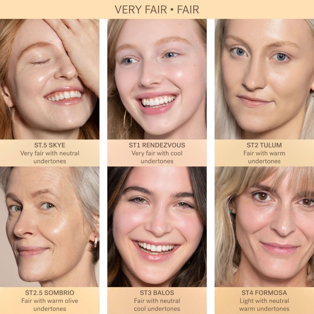 ILIA Super Serum Skin Tint SPF 40 -Model Swatches for Shades ST0.5 Skye: (for very fair skin with neutral undertones) ST1 Rendevous: (for very fair skin with cool undertones) ST2 Tulum: (for fair skin with warm undertones) ST2.5 Sombrio: (for fair skin with warm olive undertones) ST3 Balos: (for fair skin with neutral cool undertones) ST4 Formosa: (for fair skin with neutral warm undertones) - AILLEA